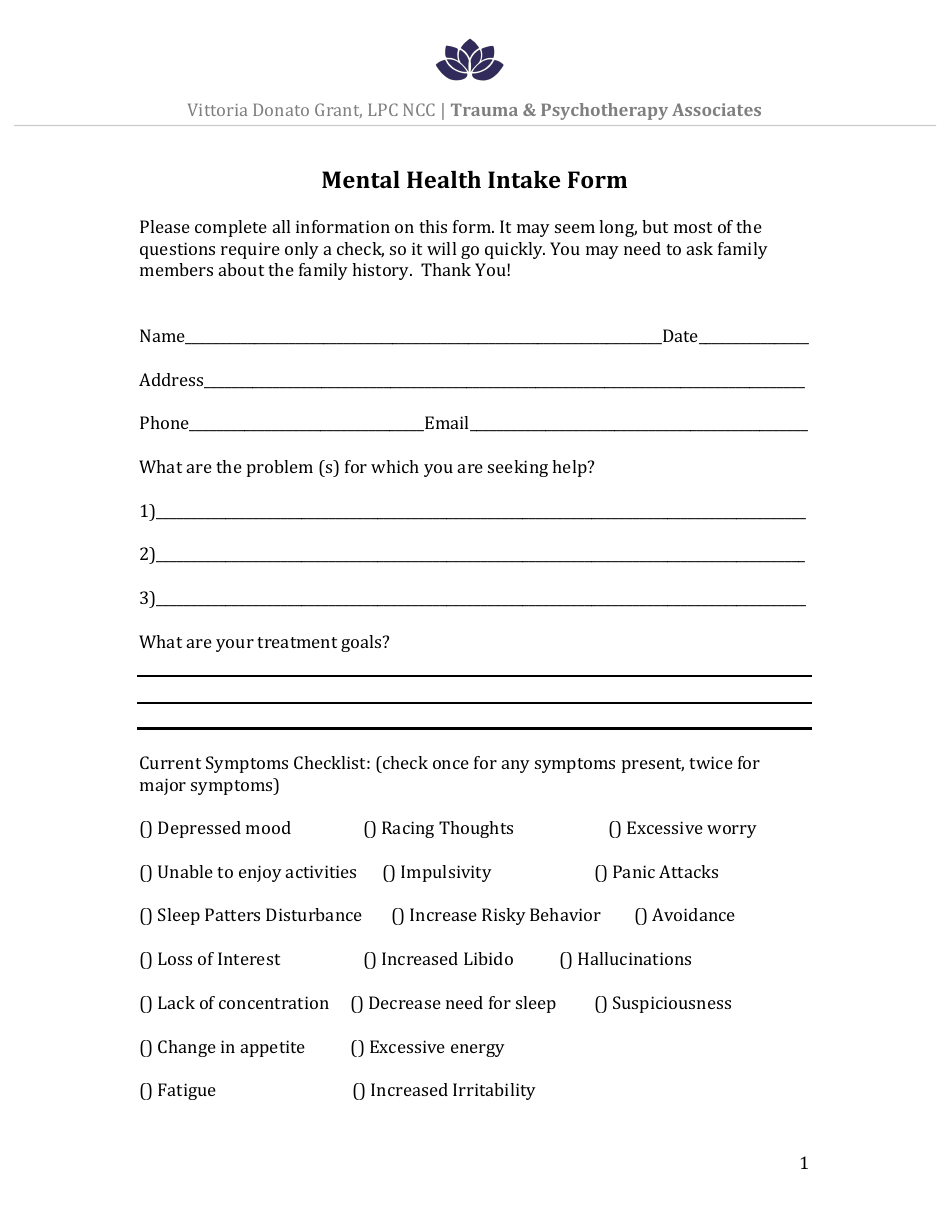 Mental Health Intake Form - Trauma  Psychotherapy Associates, Page 1