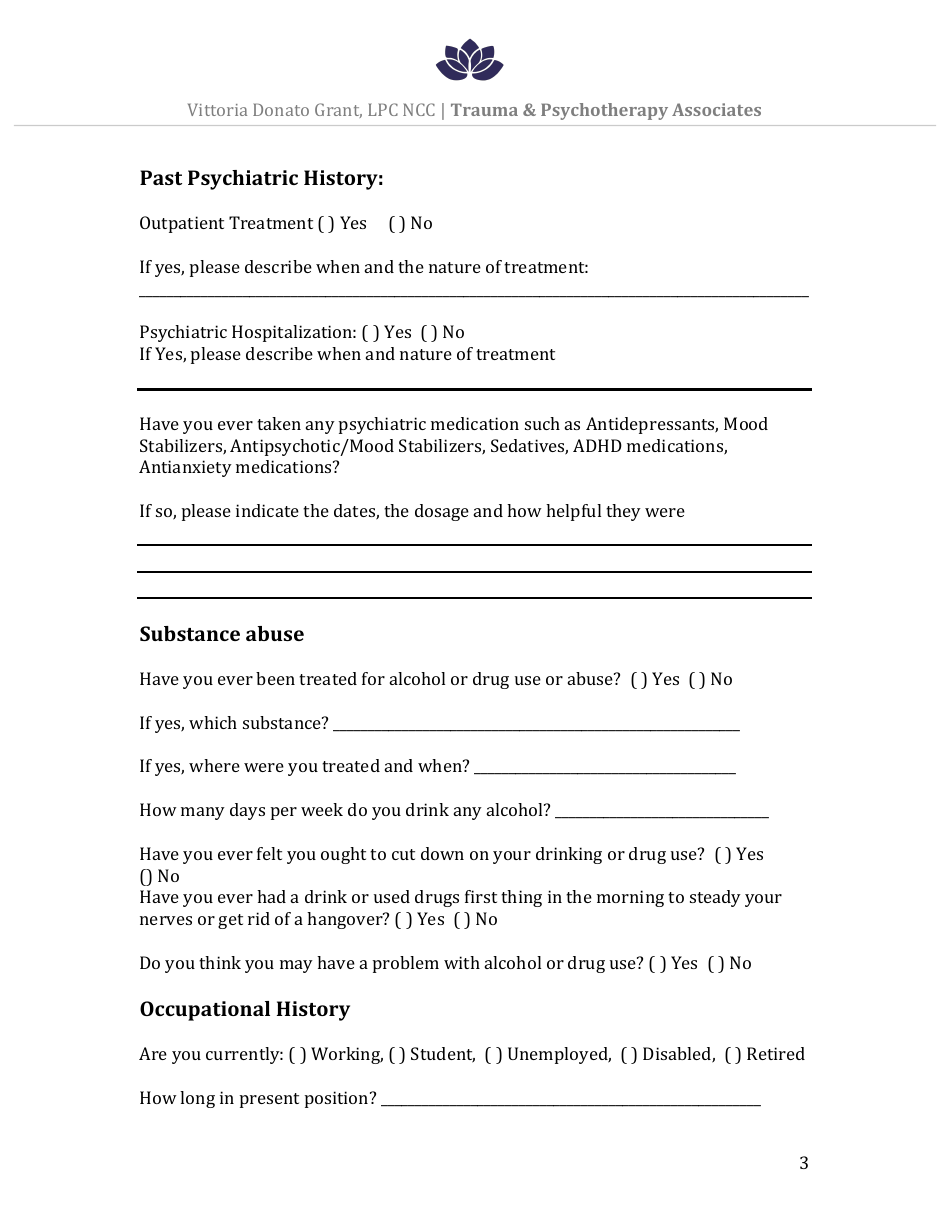 Mental Health Intake Form - Trauma & Psychotherapy Associates - Fill ...