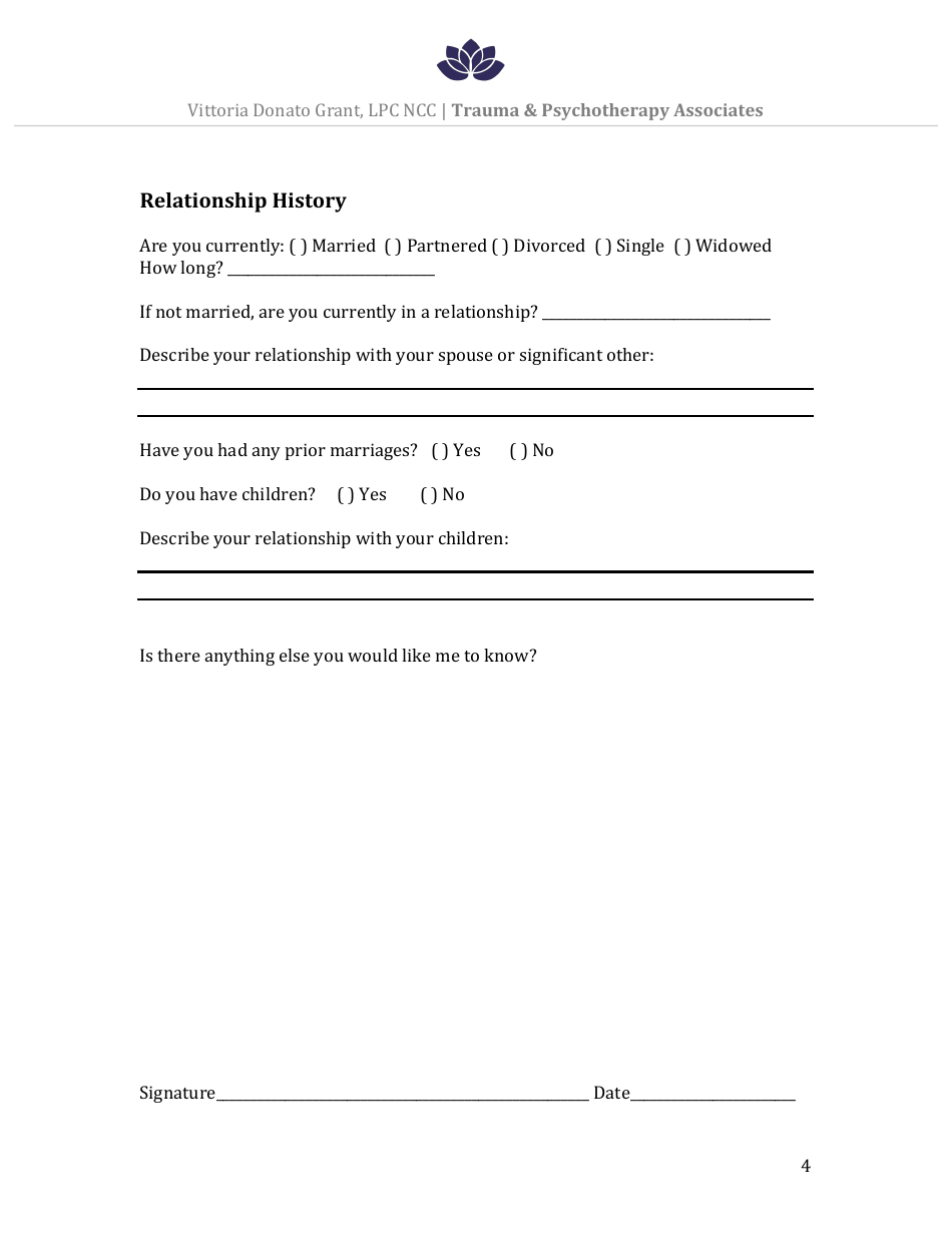 Mental Health Intake Form - Trauma  Psychotherapy Associates, Page 4