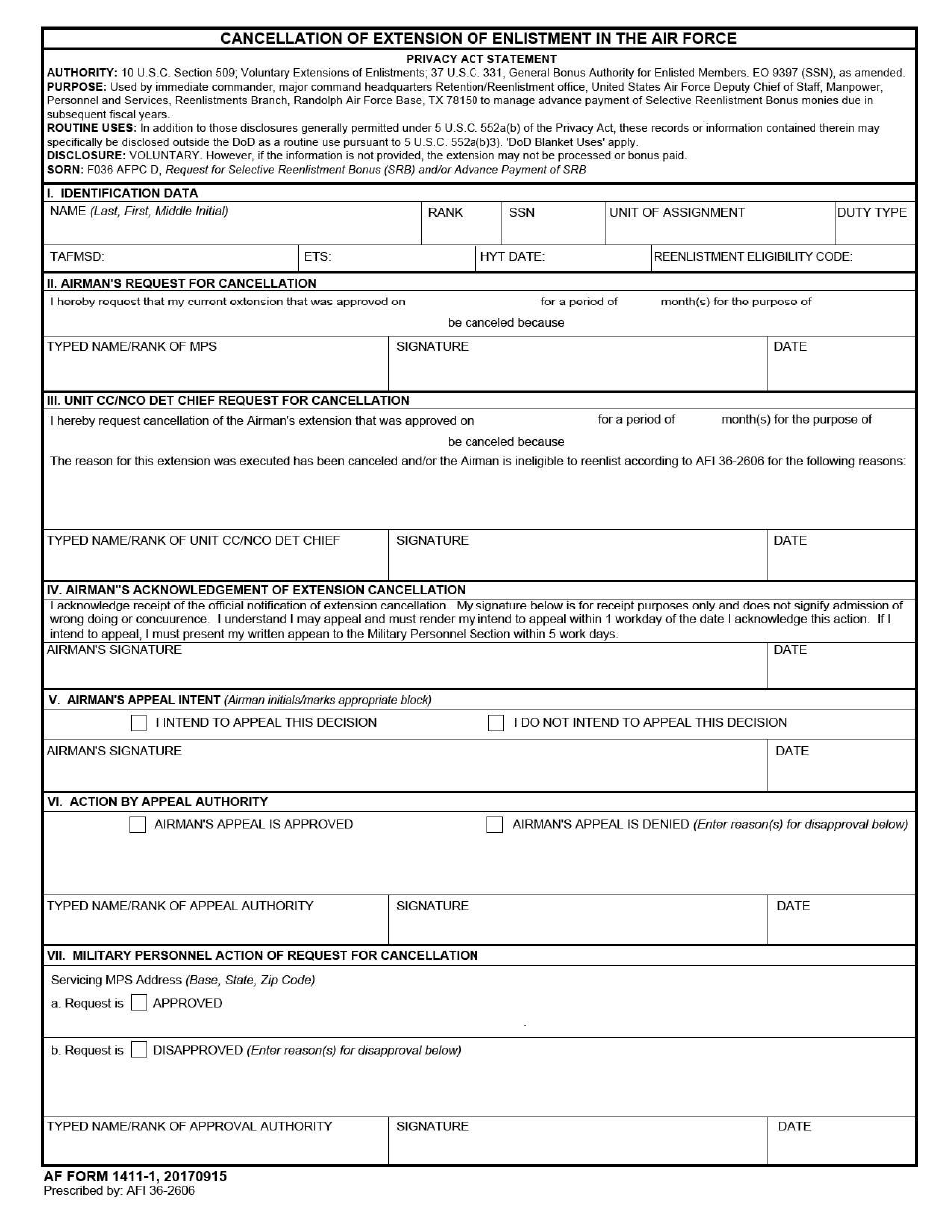 AF Form 1411-1 Cancellation of Extension of Enlistment in the Air Force, Page 1