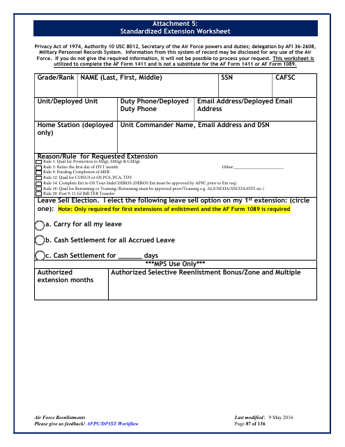 AF Form 1411 Attachment 5 Standardized Extension Worksheet