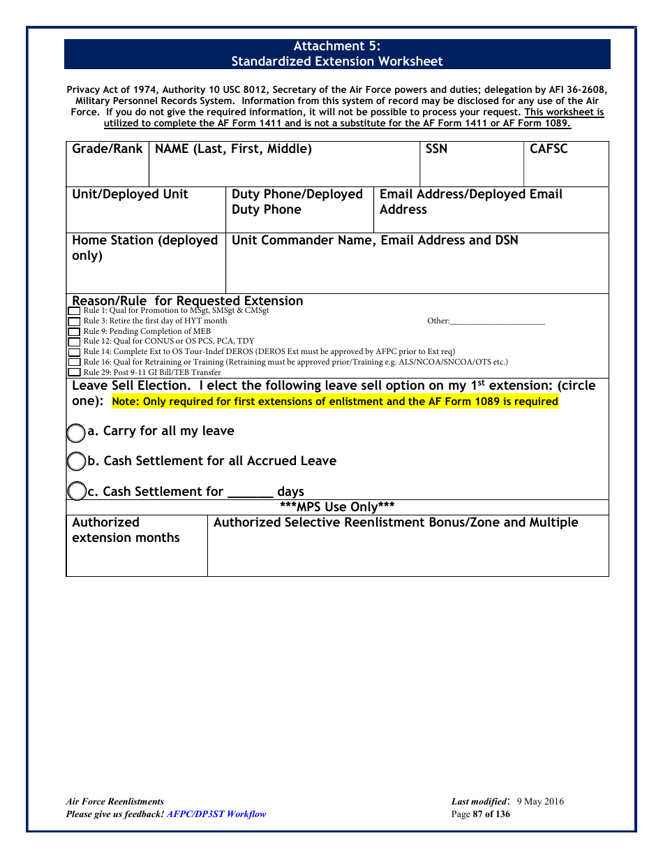 AF Form 1411 Attachment 5 Standardized Extension Worksheet, Page 1