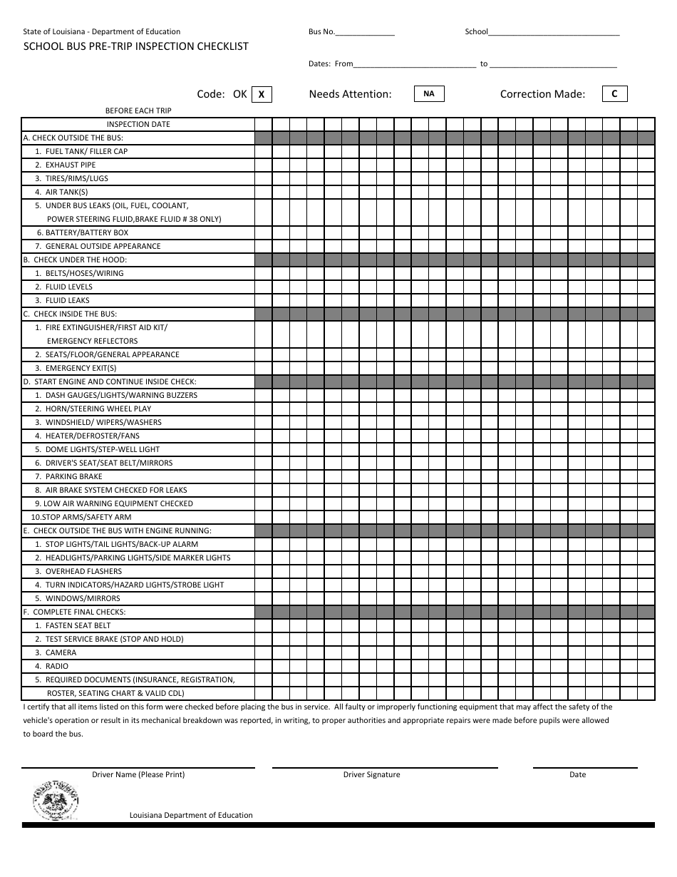 School Bus Pre-trip Inspection Checklist - Louisiana, Page 1