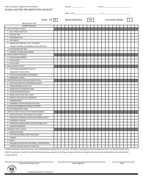 School Bus Pre-trip Inspection Checklist - Louisiana