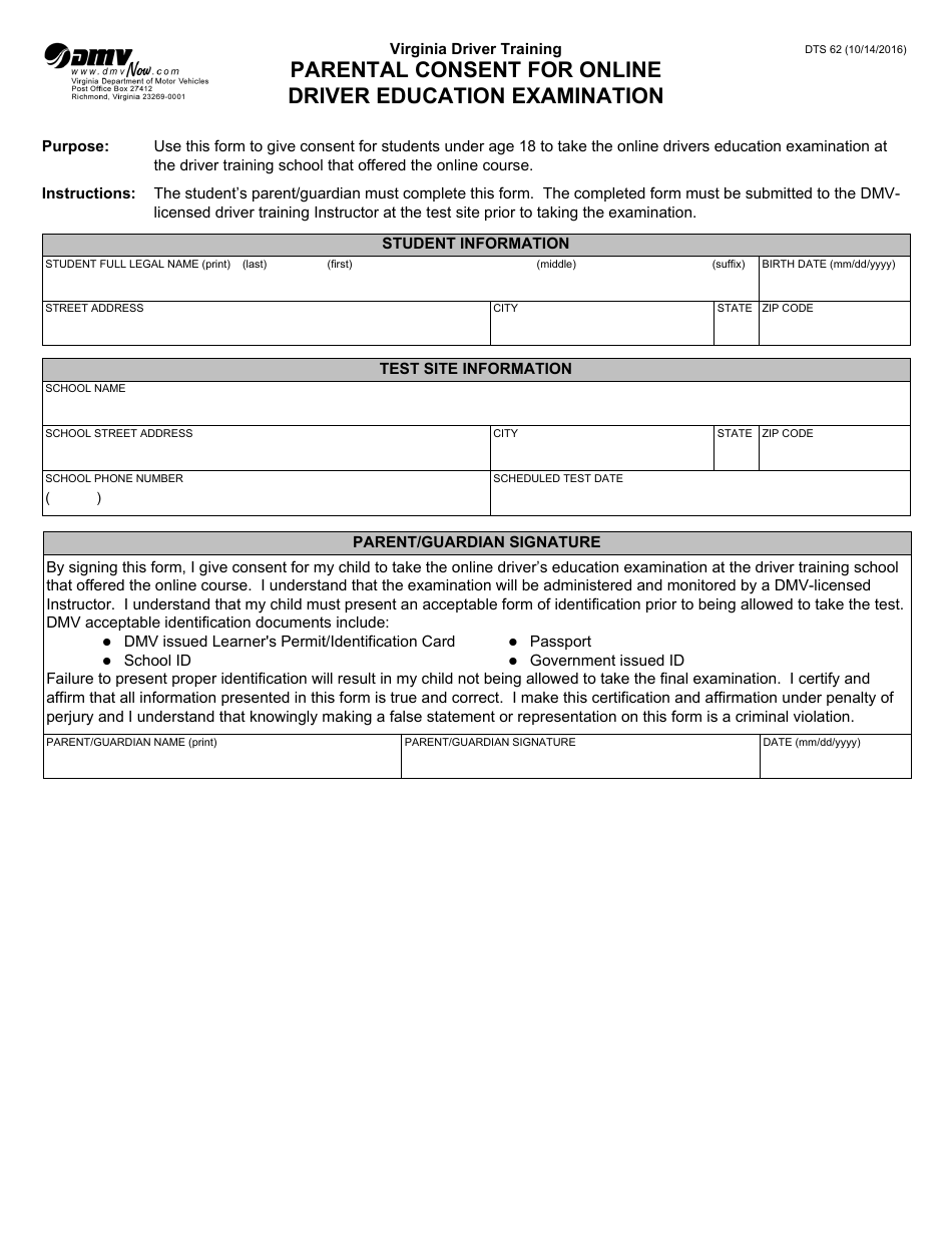 Form 62 Parental Consent for Online Driver Education Examination - Virginia, Page 1