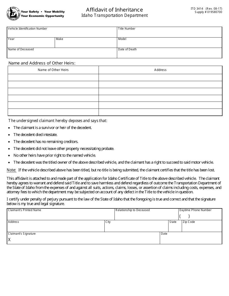 Form ITD3414 Affidavit of Inheritance - Idaho, Page 1