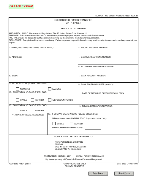 NAVPERS Form 7430/1 Electronic Funds Transfer Data Sheet