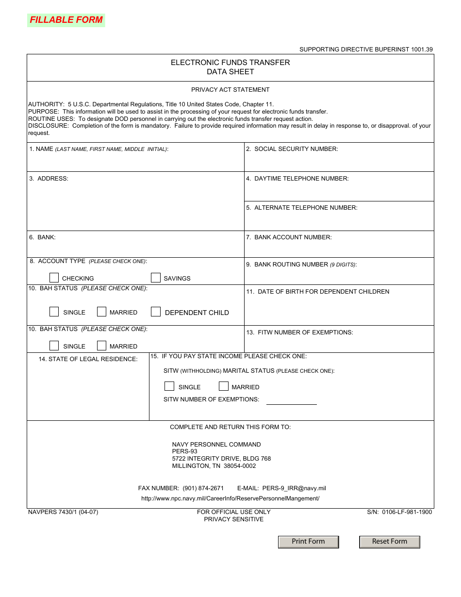 NAVPERS Form 7430 / 1 Electronic Funds Transfer Data Sheet, Page 1