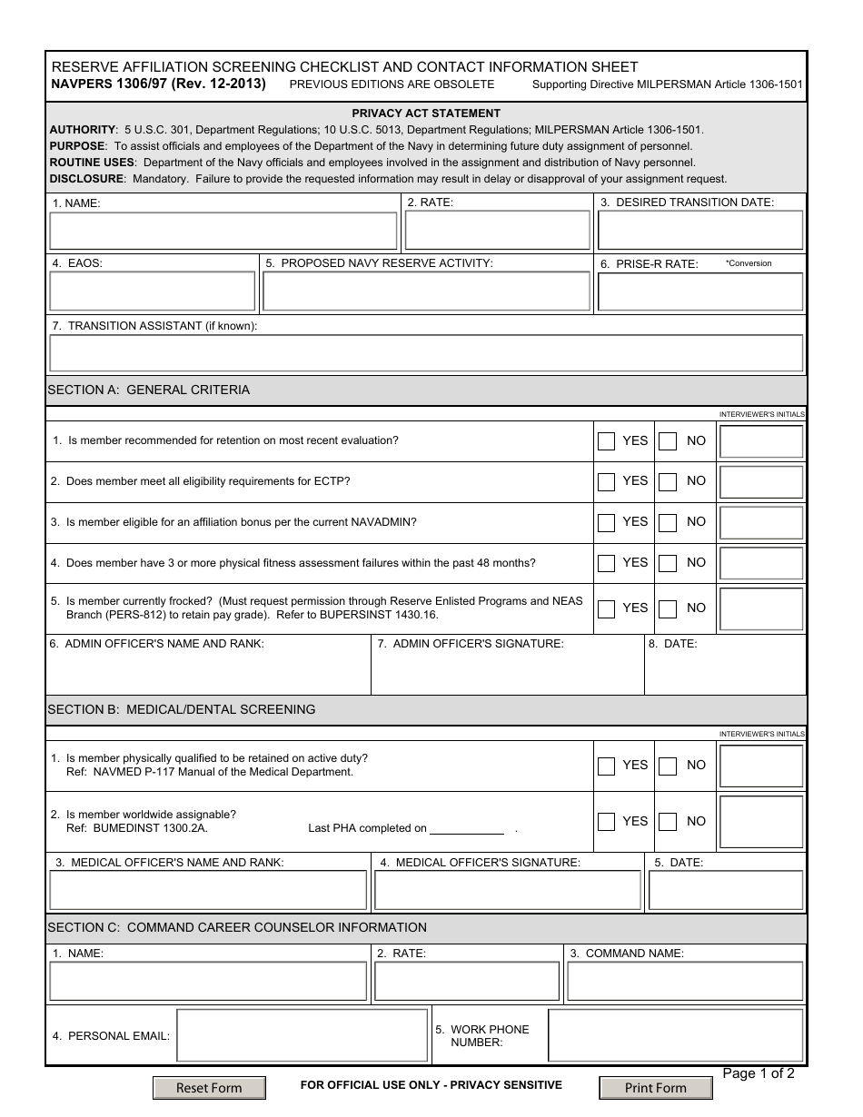 NAVPERS Form 1306 / 97 Reserve Affiliation Screening Checklist and Contract Information Sheet, Page 1