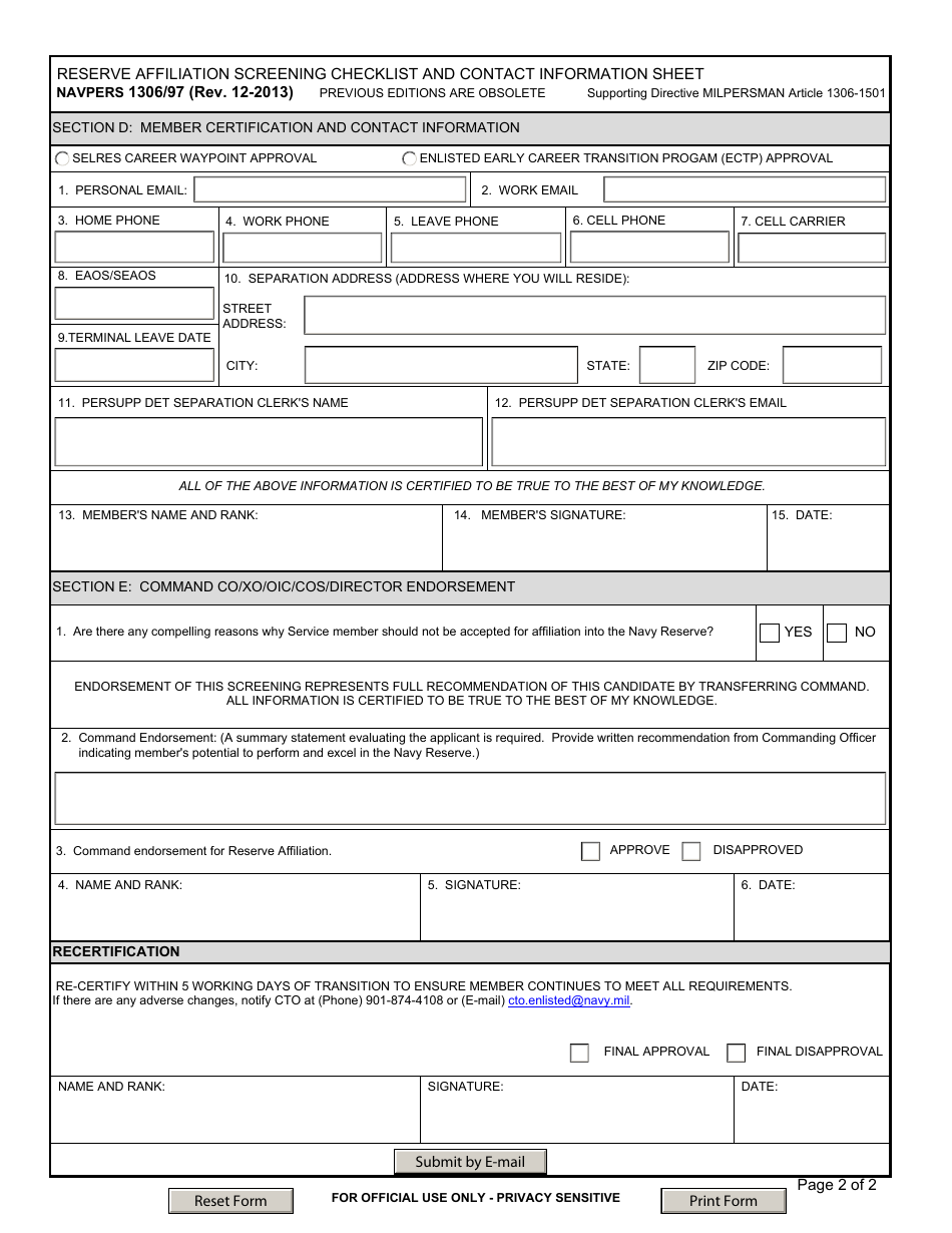 NAVPERS Form 1306 / 97 Reserve Affiliation Screening Checklist and Contract Information Sheet, Page 2