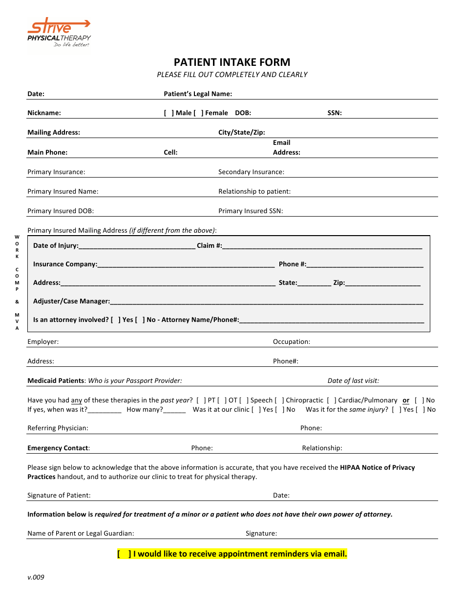 Patient Intake Form - Strive Physical Therapy, Page 1