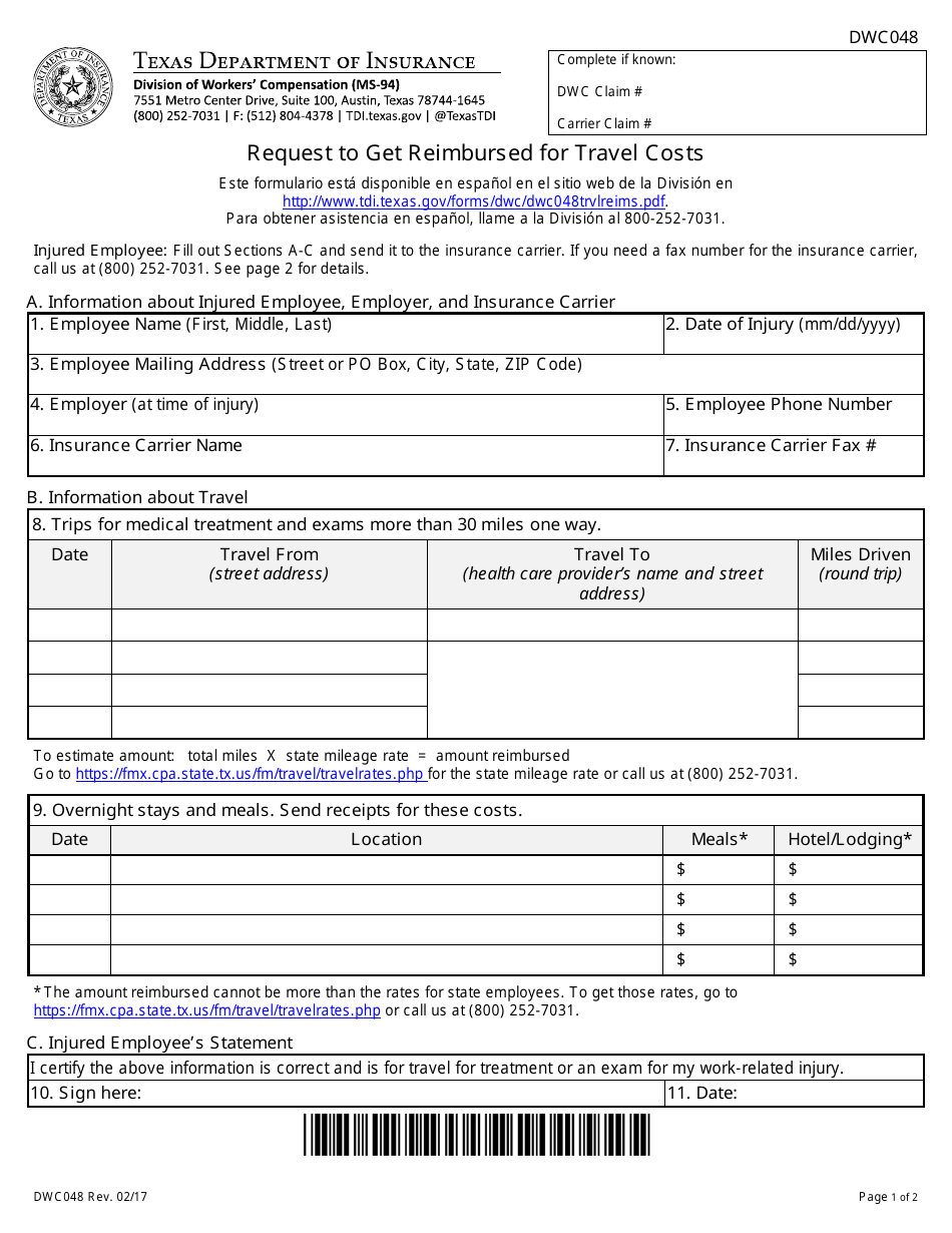 DWC Form 048 Request to Get Reimbursed for Travel Costs - Texas, Page 1