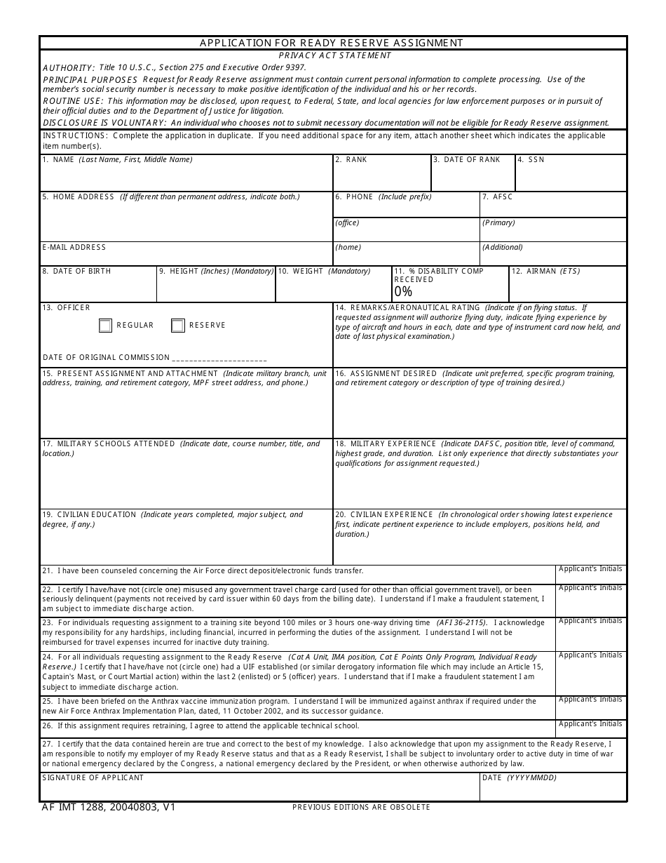 Af Imt Form 1288 - Fill Out, Sign Online And Download Fillable Pdf 