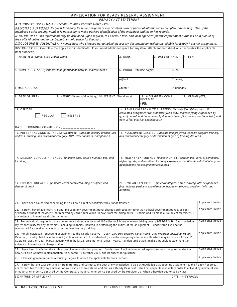 AF IMT Form 1288 Application for Ready Reserve Assignment, Page 1