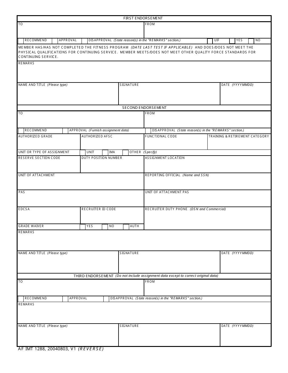 AF IMT Form 1288 Application for Ready Reserve Assignment, Page 2