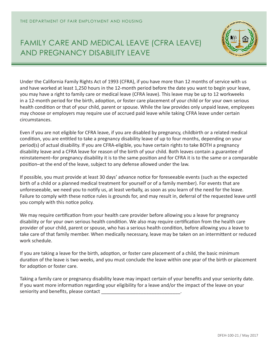 Form DFEH-100-21 Family Care and Medical Leave (Cfra Leave) and Pregnancy Disability Leave - California, Page 1