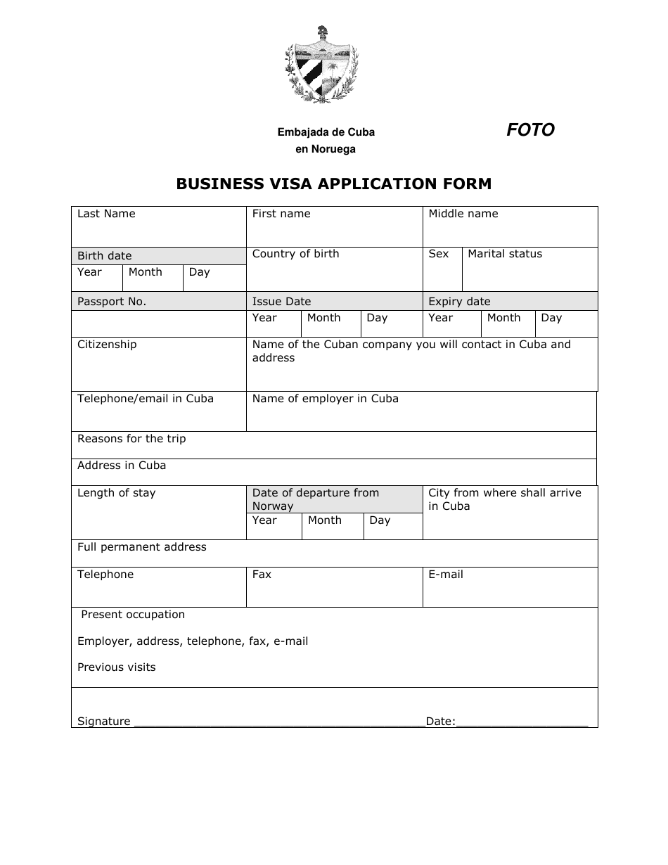Cuban Business Visa Application Form - Embassy of Cuba - Norway, Page 1