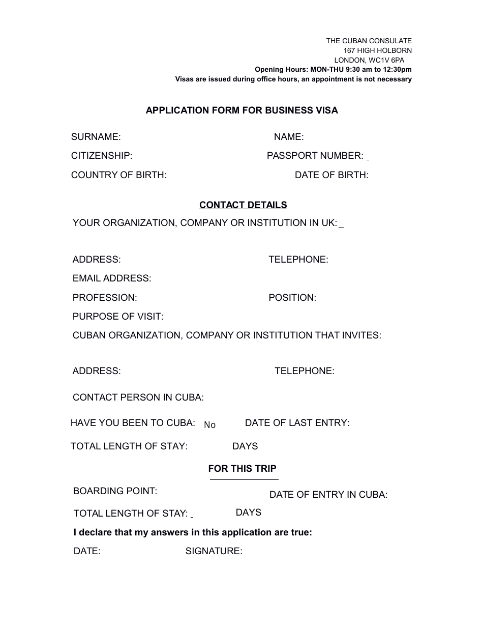 Cuban Business Visa Application Form - the Cuban Consulate - Greater London, United Kingdom, Page 1