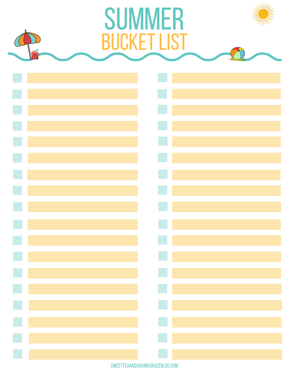 Blank Summer Bucket List Template, Page 1