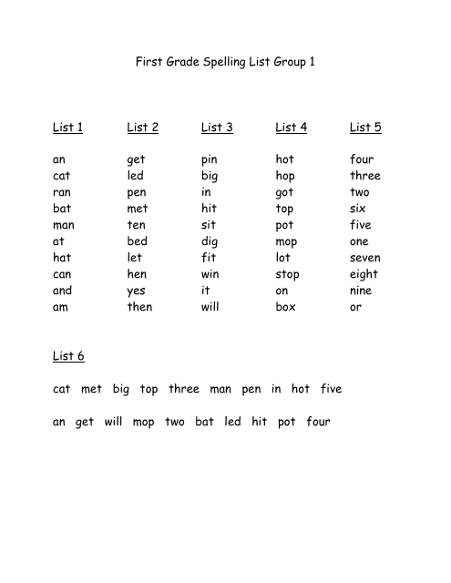 First Grade Spelling Lists Download Printable PDF Templateroller