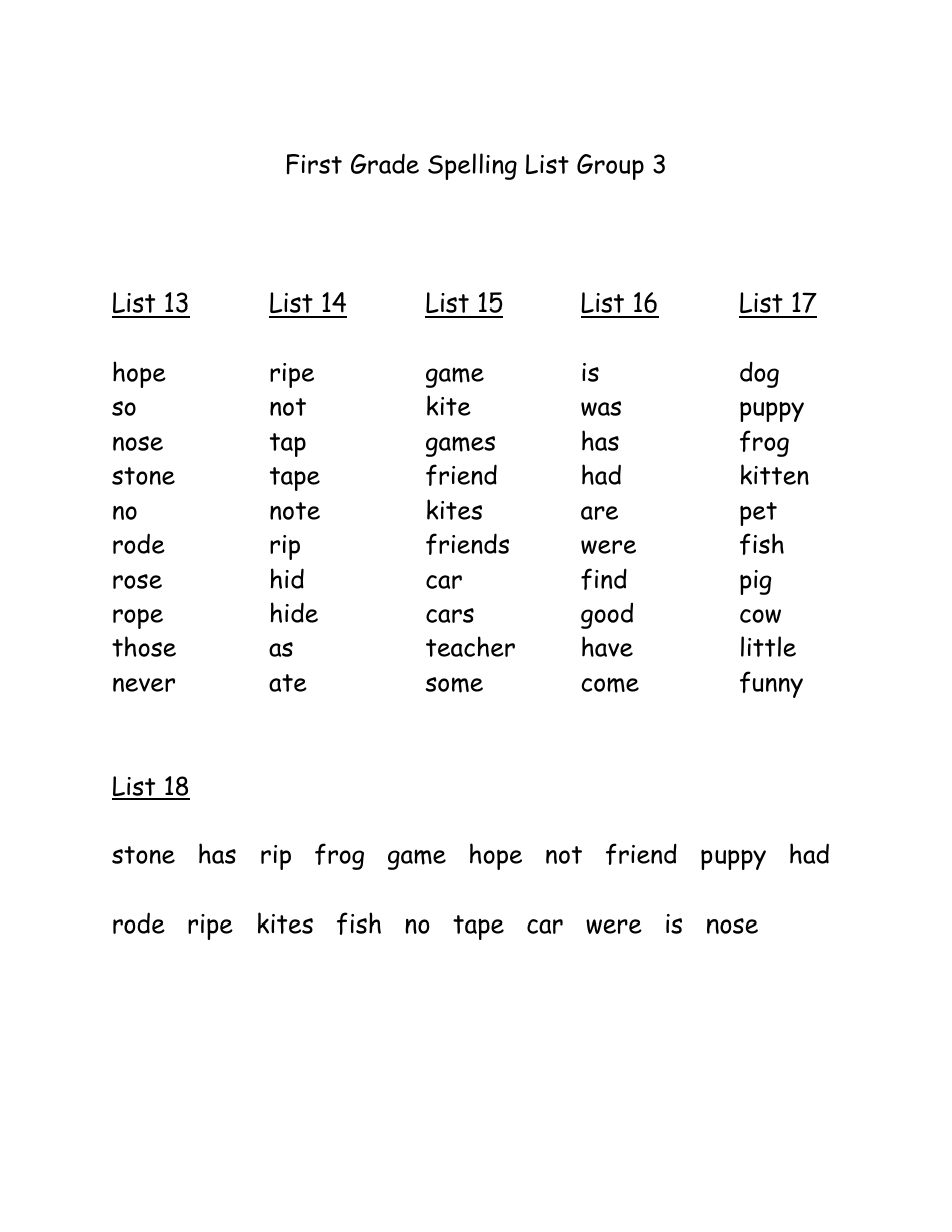 First Grade Spelling Lists Download Printable PDF Templateroller