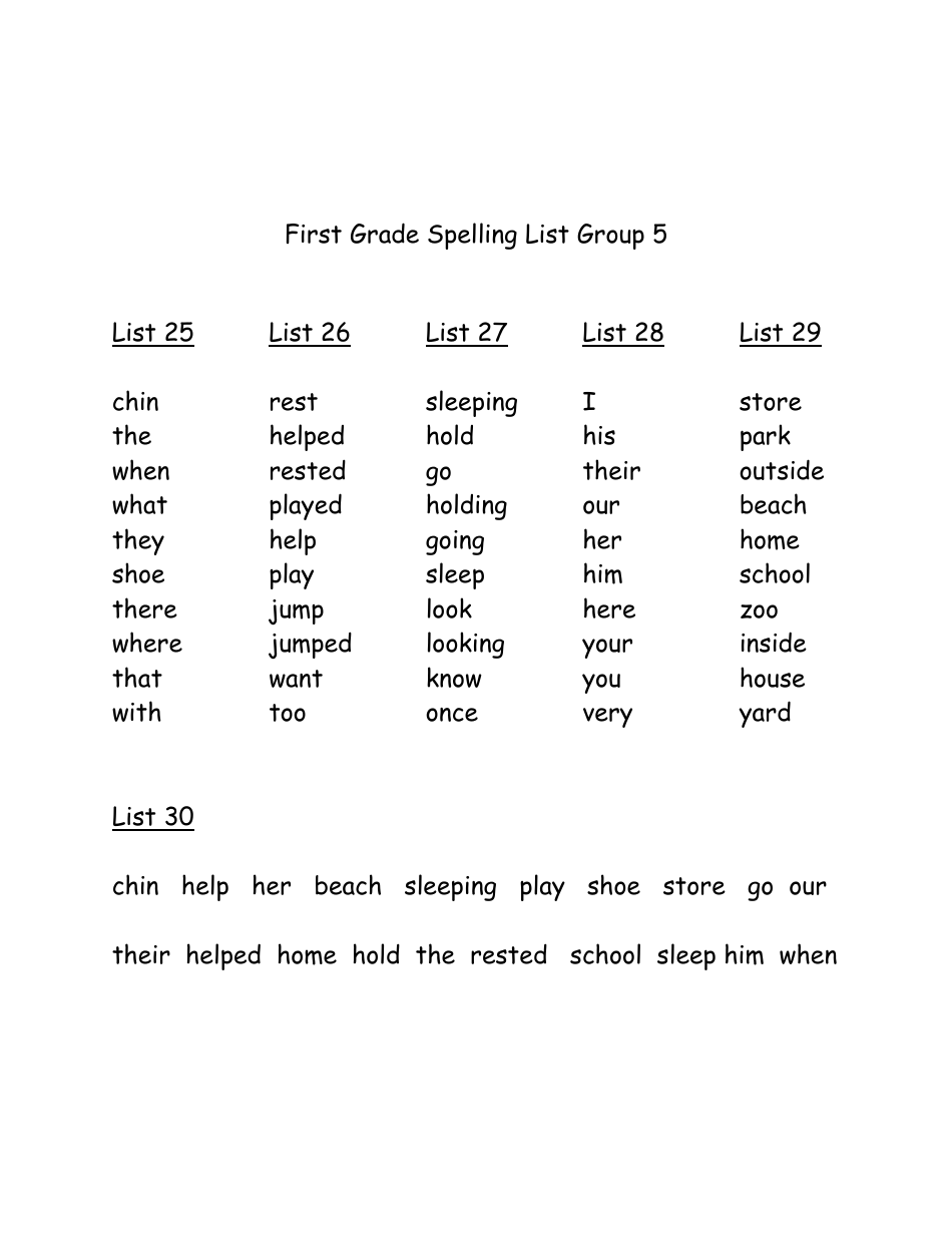 First Grade Spelling Lists, Page 5