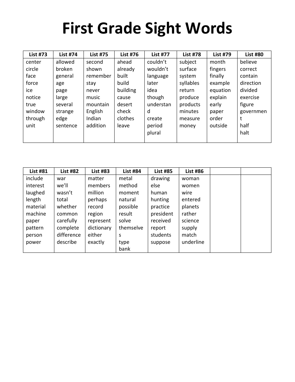 First Grade Spelling Words List, First Grade Sight Words, Page 6