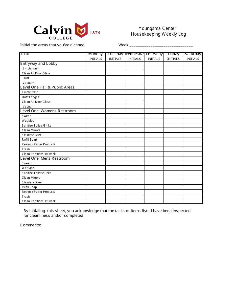 Housekeeping Weekly Log Template - Calvin College Download Printable ...