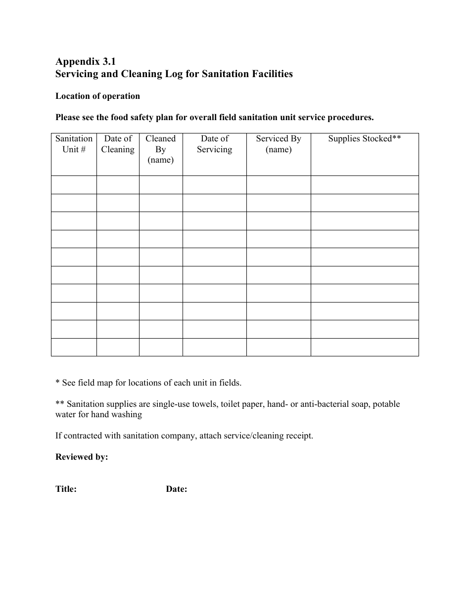 Servicing and Cleaning Log for Sanitation Facilities Template, Page 1