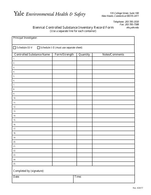 Biennial Controlled Substance Inventory Record Form Yale 