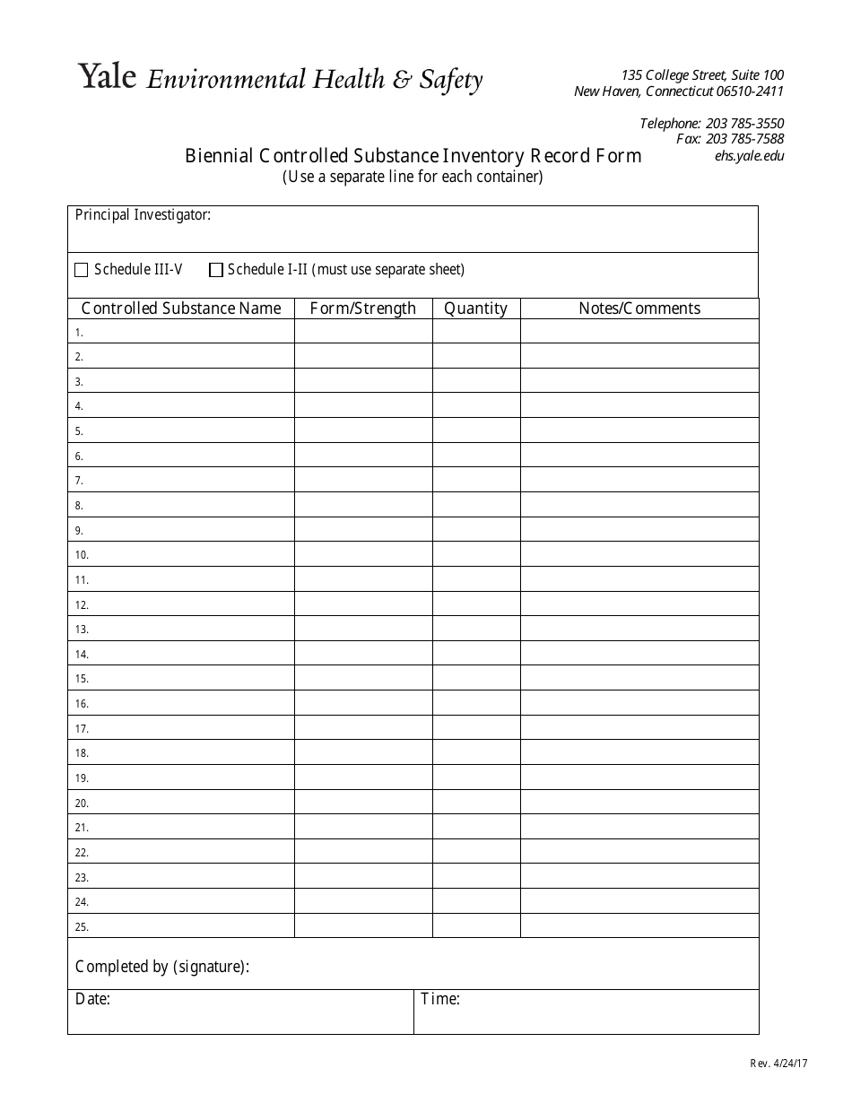 Biennial Controlled Substance Inventory Record Form - Yale Environmental Health  Safety, Page 1