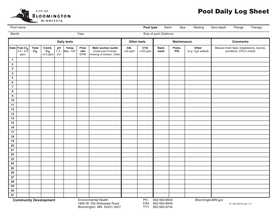 City of Bloomington, Minnesota Pool Daily Log Sheet Download Printable