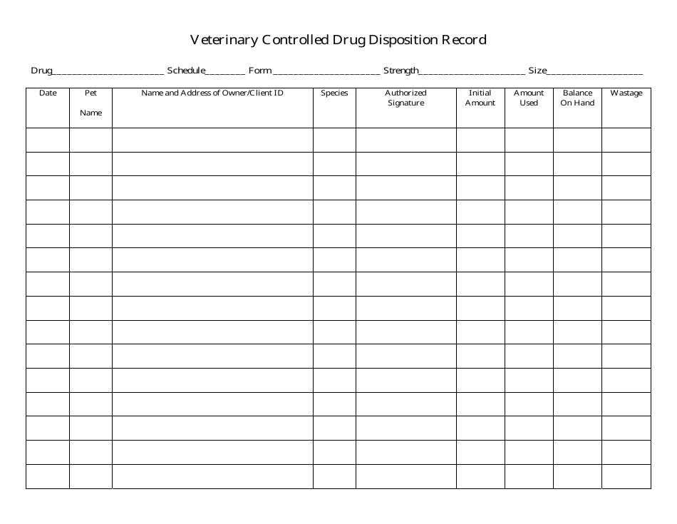 Veterinary Controlled Drug Disposition Record Template - Preview Image