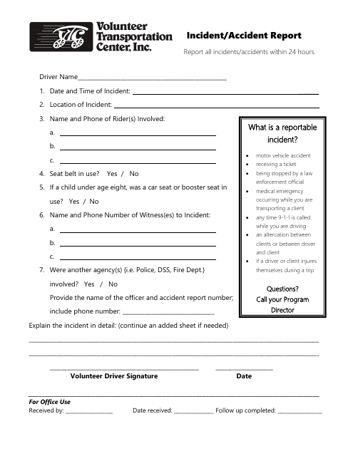 Incident/Accident Report Form - Volunteer Transportation Center, Inc