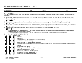&quot;Behavior/Performance Review Results Form - School District of Philadelphia&quot;