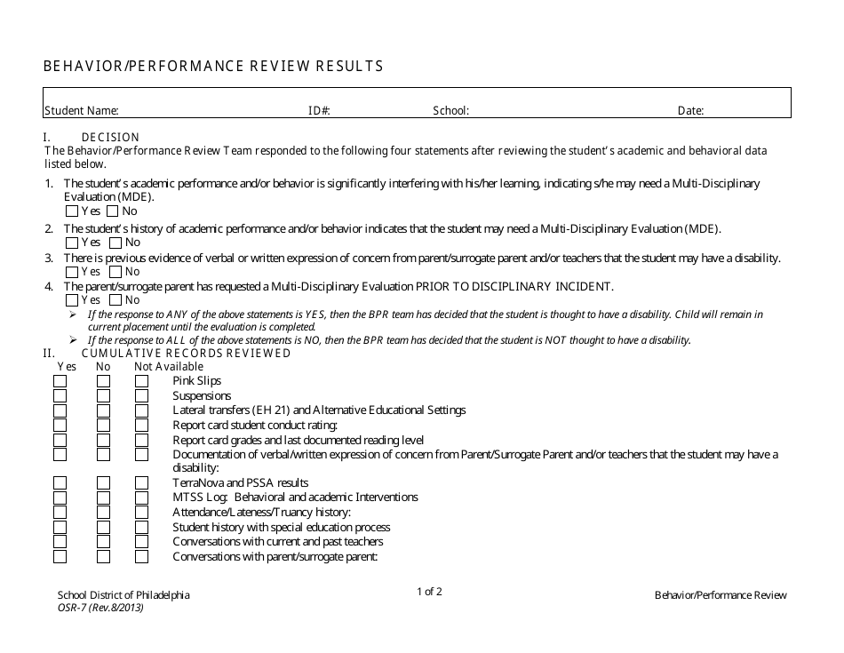 Behavior / Performance Review Results Form - School District of Philadelphia, Page 1