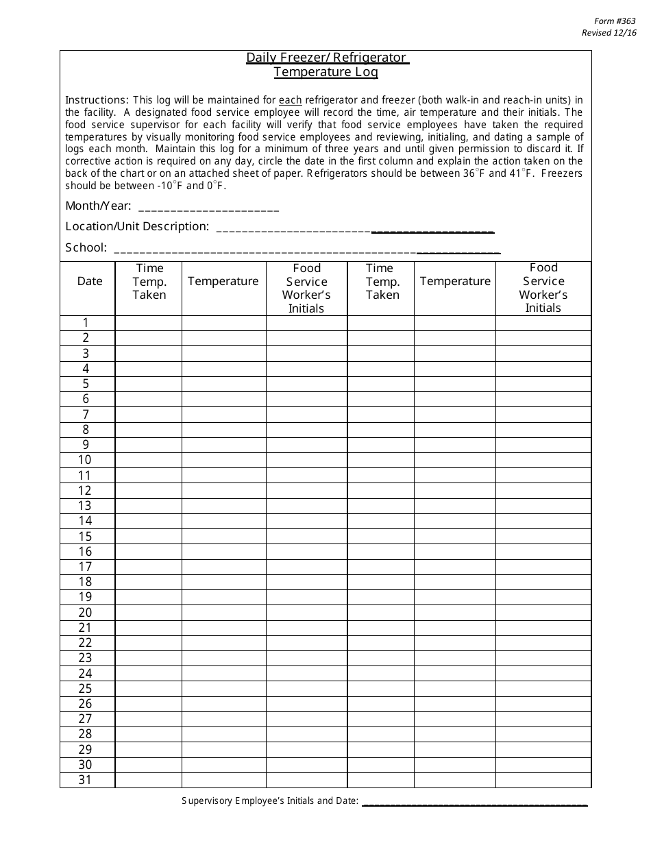 Form 363 Daily Freezer / Refrigerator Temperature Log - New Jersey, Page 1