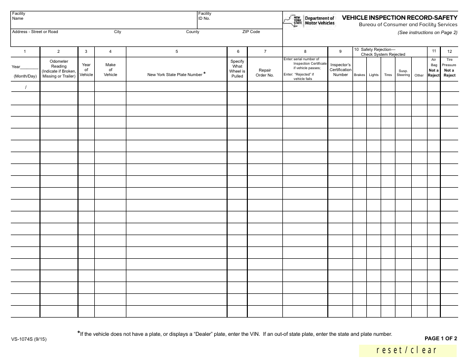 Form VS-1074S Vehicle Inspection Record-Safety - New York, Page 1