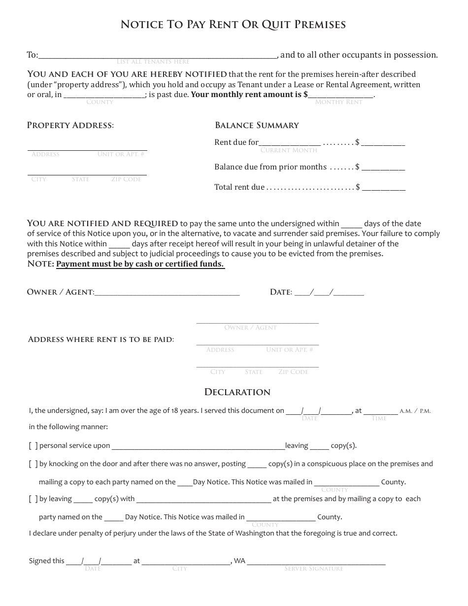 Notice to Pay Rent or Quit Premises Form - Washington, Page 1