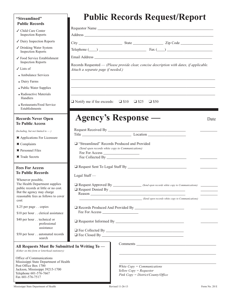 Form 20 E Public Records Request / Report - Mississippi, Page 1