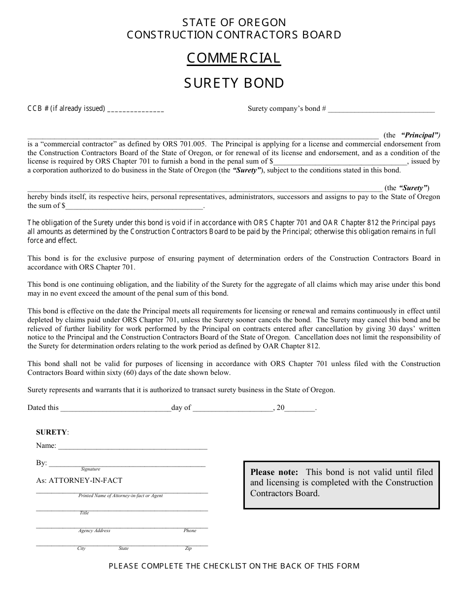 Oregon Commercial Surety Bond Fill Out, Sign Online and Download PDF Templateroller
