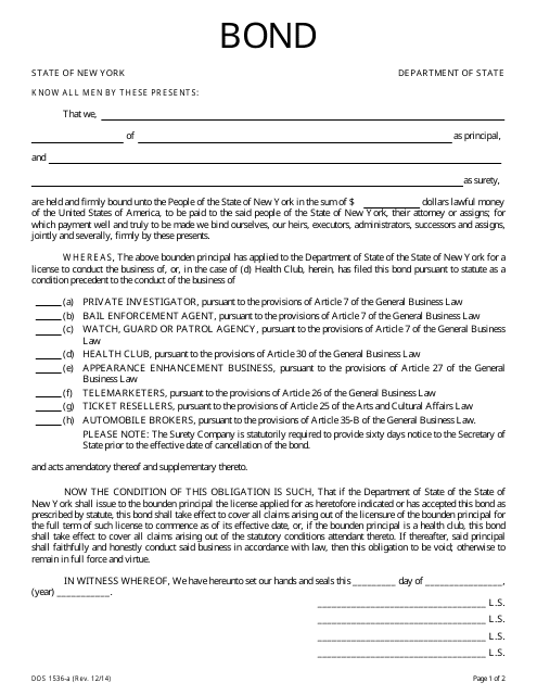 Form DOS1536-A Bond - New York