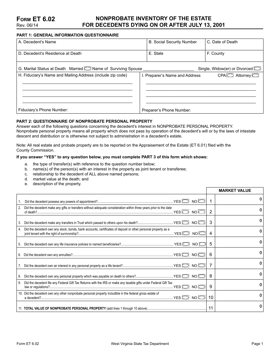 Form ET6.02 Nonprobate Inventory of the Estate for Decedents Dying on or After July 13, 2001 - West Virginia, Page 1