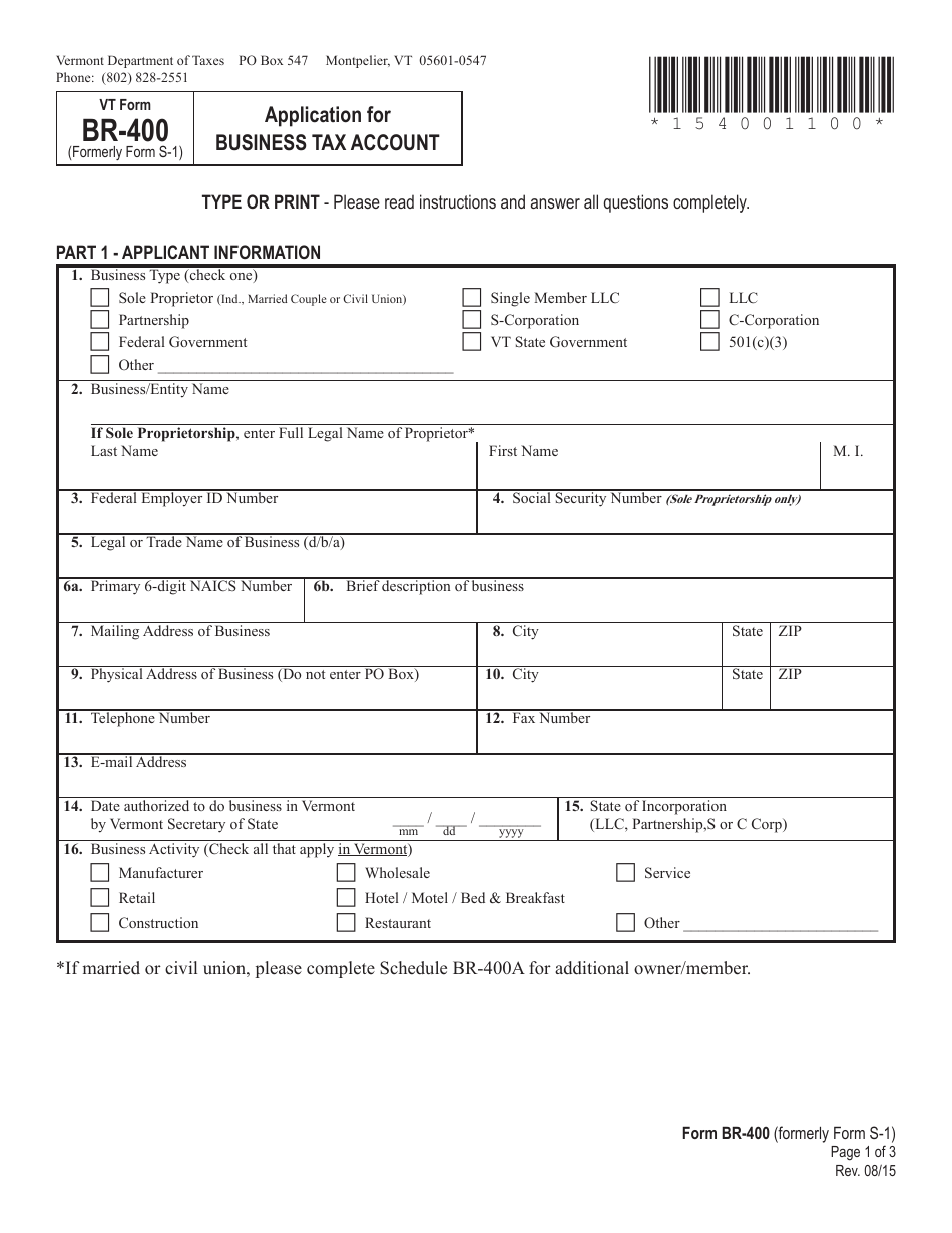 VT Form BR-400 Application for Business Tax Account - Vermont, Page 1