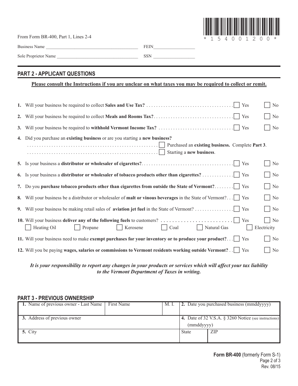 VT Form BR-400 Application for Business Tax Account - Vermont, Page 2