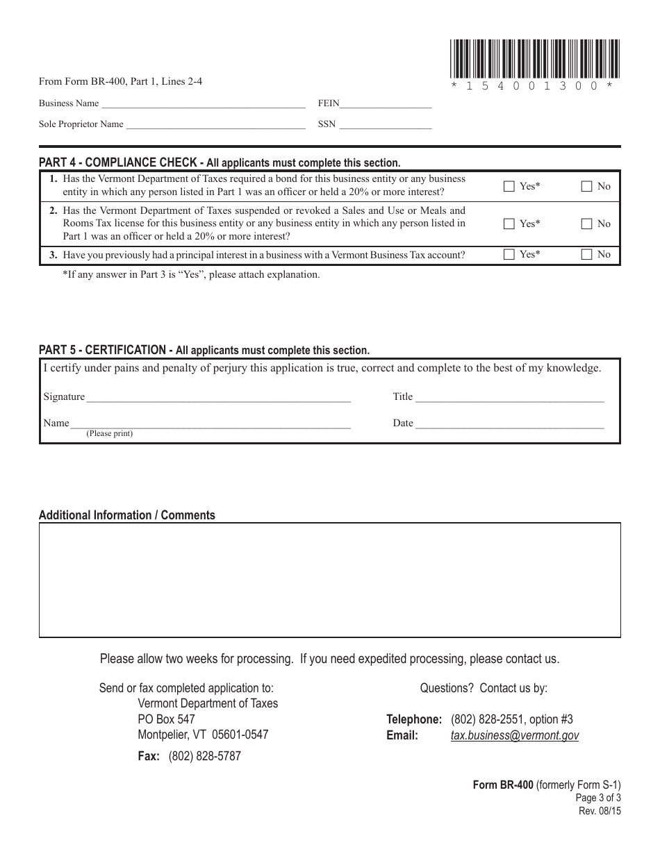VT Form BR-400 Application for Business Tax Account - Vermont, Page 3