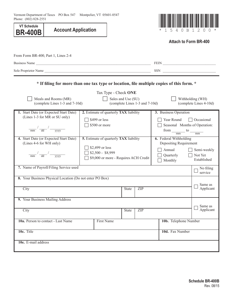 VT Form BR-400 Application for Business Tax Account - Vermont, Page 5
