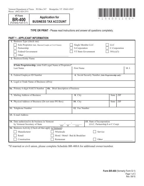 VT Form BR-400 Application for Business Tax Account - Vermont