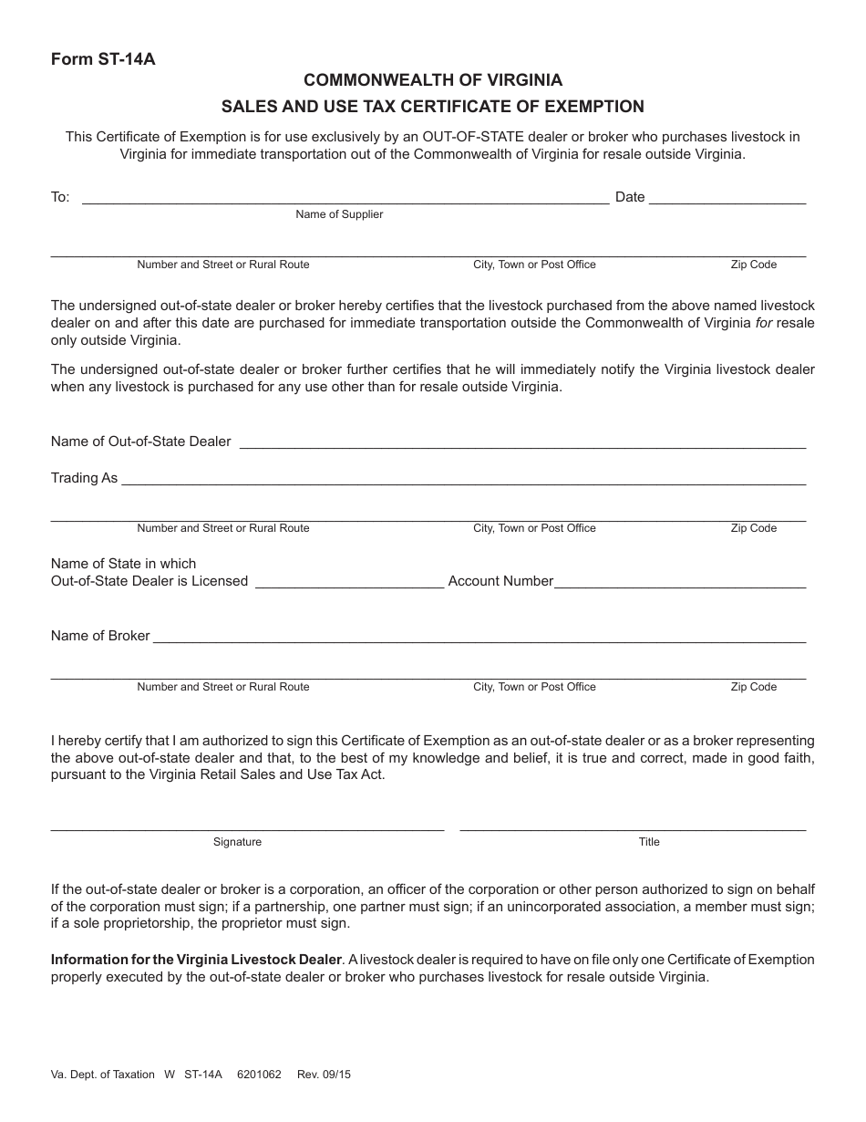 Form ST-14A Sales and Use Tax Certificate of Exemption - Virginia, Page 1