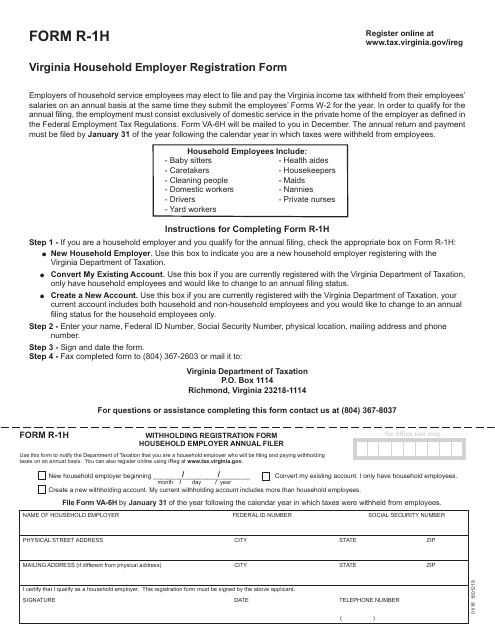Form R-1H Virginia Household Employer Registration Form - Virginia
